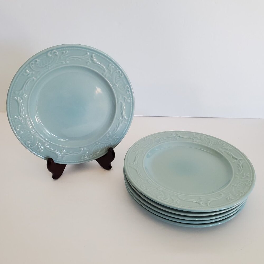 Set of 6 Thomson Pottery Vera Pattern Blue 8" Salad/Dessert/Snack Plates